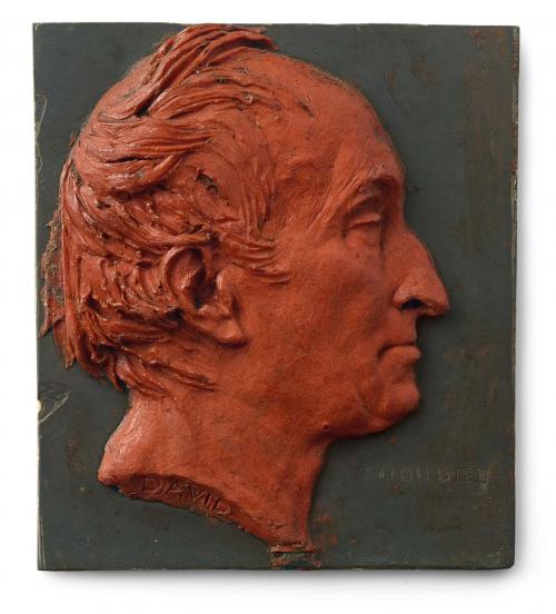 Wax portrait of a man in profile to the right 