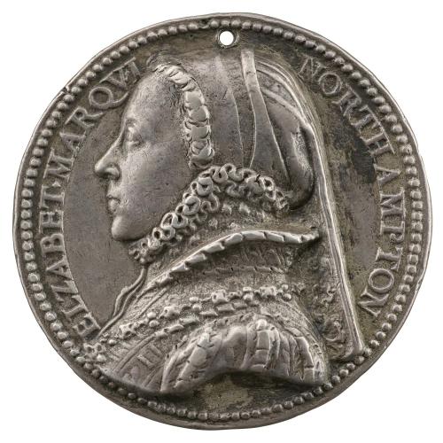 Silver portrait medal of Elizabeth, Marchioness of Northampton wearing a French hood, a brocade gown with puffed sleeves and ruffed collar, and a necklace 