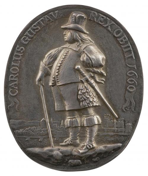 Silver portrait medal of King Charles X Gustavus Vasa of Sweden standing in the foreground with a city in the background
