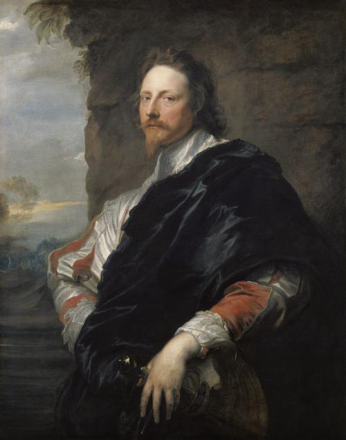 oil painting of man with beard, dressed in orange and white with black covering, with hand on sword