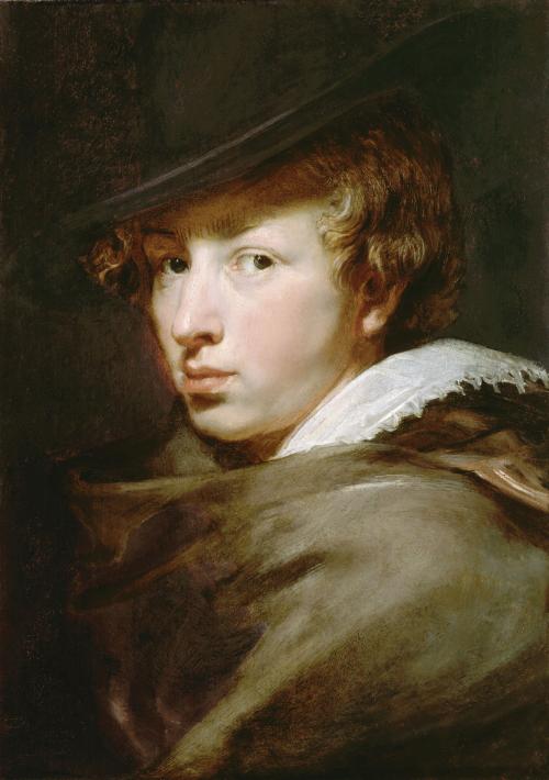 oil painting of self portrait of Anthony van Dyck, young man, wearing hat, white lace collar and green cloak