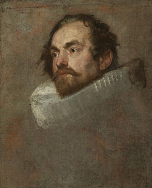 oil painting of man's face looking left, with beard, wearing white stiff collar 