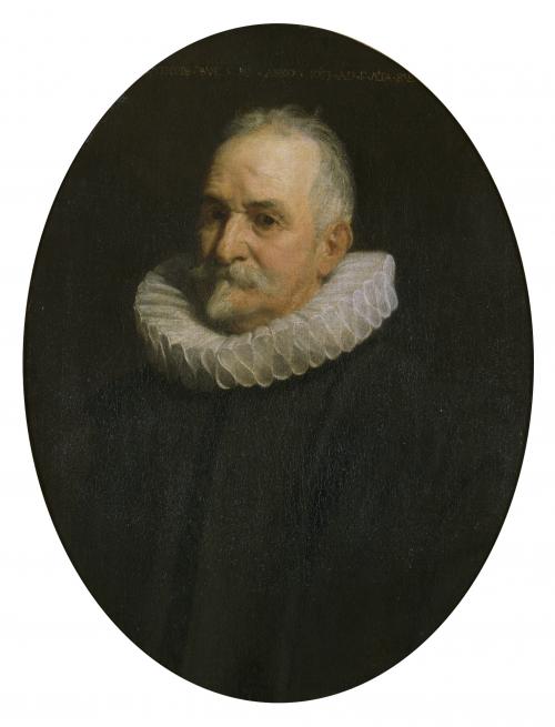 oil painting portrait of old man with mustache and beard with white ruffle collar, circa 1613