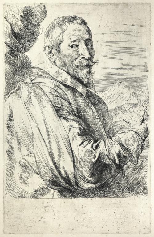 etching of old man wearing cloak, with mountains in background