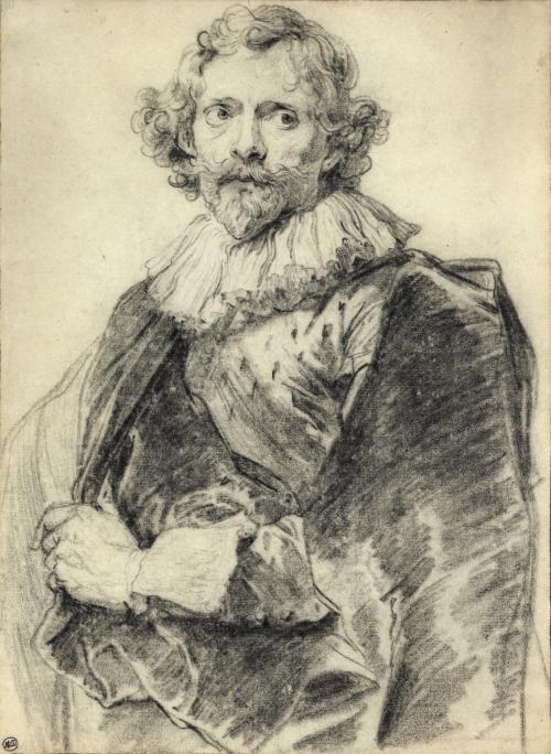 black chalk drawing, portrait of man with ruffle collar, curly hair and mustache and beard