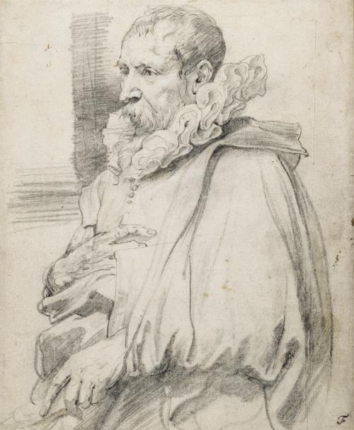 black chalk drawing of old man looking left wearing ruffled collar, cloak