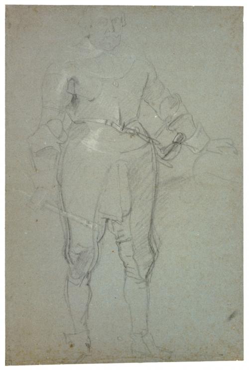 black and white drawing of man standing wearing armor, holding button