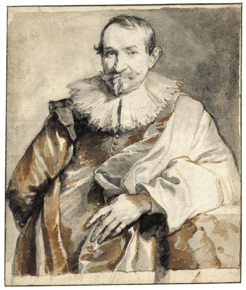black drawing with brown highlights of man with large ruffle collar, draped clothing, and mustache and beard