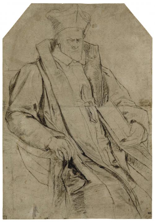 black chalk sketch of cleric seated in chair with headpiece, holding book