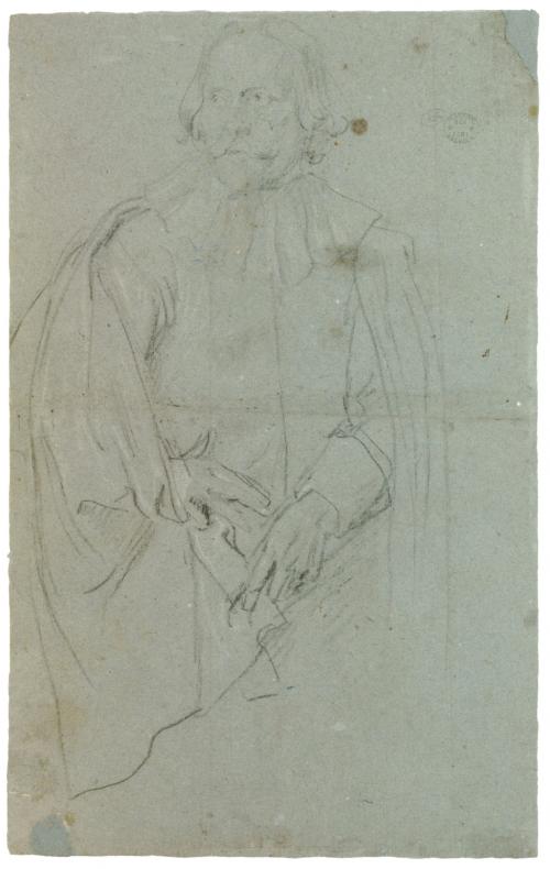 black and white chalk drawing, portrait of man in cloak, with large collar