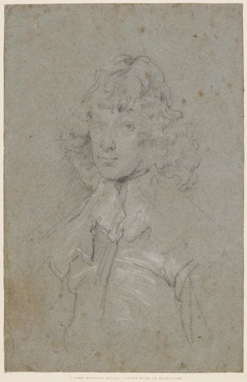 black and white chalk sketch of man with curly hair and collar ruffle