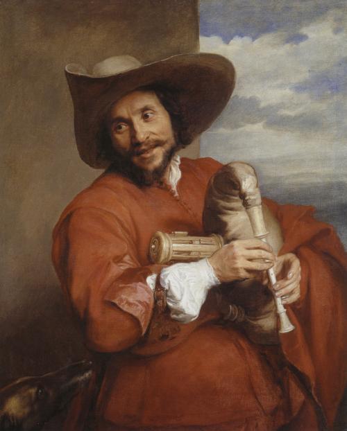 oil painting portrait of man in red with hat holding a musette, bag-pipe instrument, circa 1641