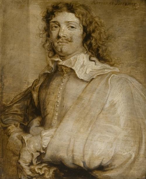 painting of man with long curly hair, wearing buttoned shirt, large collar, cloak and gloves