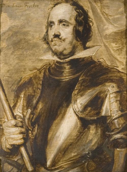 oil painting in brown tones, of man in armor holding staff