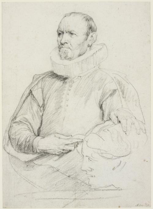 black chalk drawing of man seated, wearing stiff collar and hand on sculpture