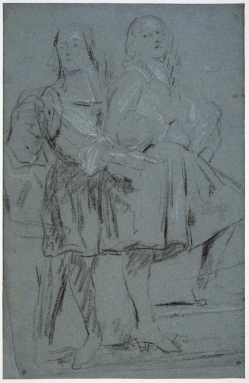 black and white chalk sketch of three men standing on stairs, on blue paper