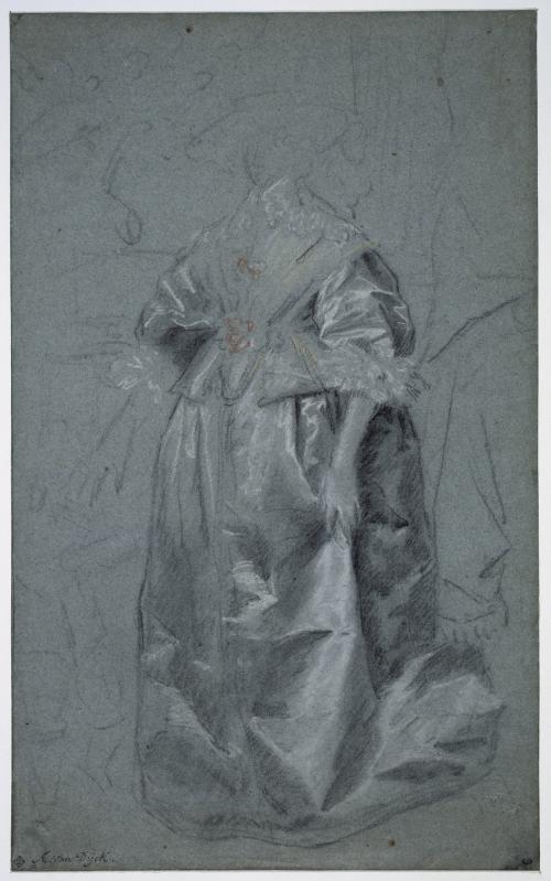 black and white chalk sketch of woman standing in dress with hat, and no face, on blue paper