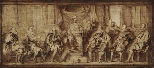 painting of blindfolded Justice seated surrounded by seven seated men