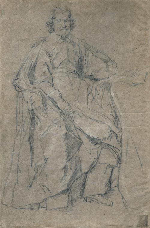 black chalk drawing of man seated, wearing cloak