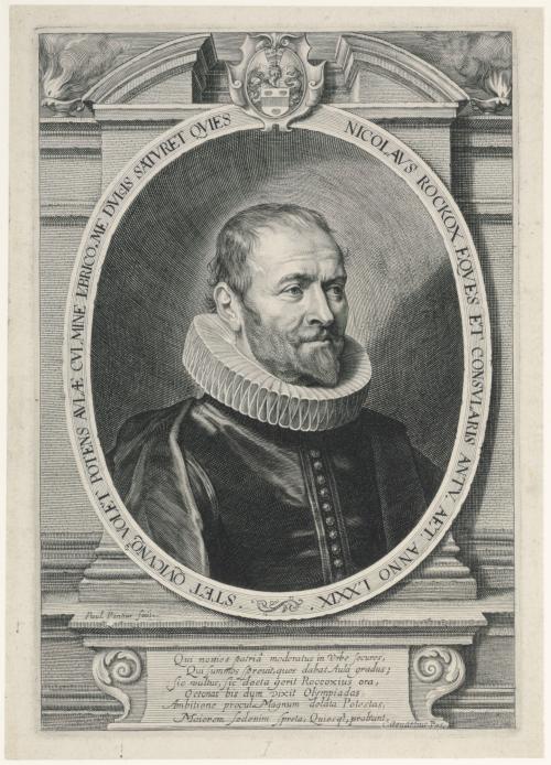 engraving of man in profile with ruffle collar, in oval frame with lettering, and caption 