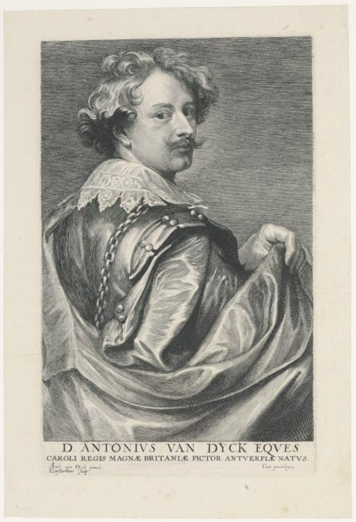 engraving of Anthony van Dyck with short curly hair and mustache, looking over shoulder, wearing cloak, chain over back and lace collar