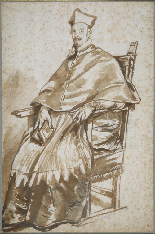 brown ink drawing of seated clergyman in headpiece and robe, circa 1623
