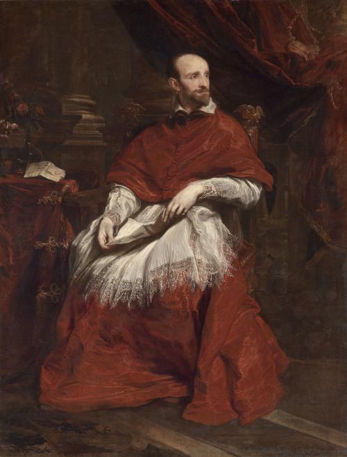 painting of male cleric seated in red robe with white lace in lap, holding paper