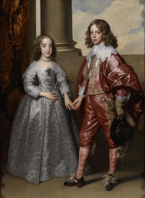 oil painting portrait of young royal boy dressed in red and gold and young royal girl in silver dress, standing, holding hands, circa 1642