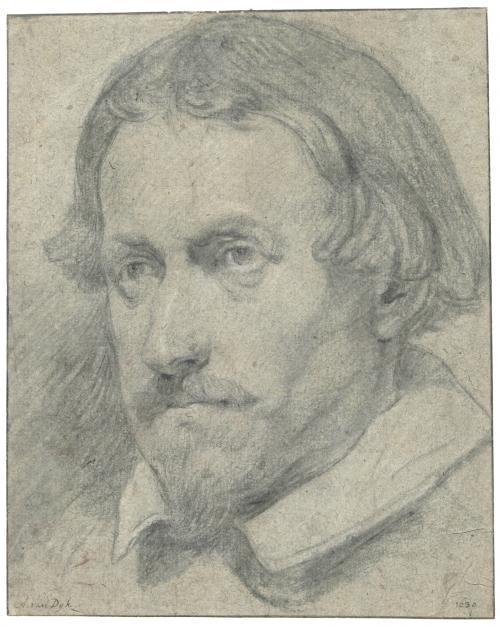 black chalk sketch of man looking left with mustache and pointed beard