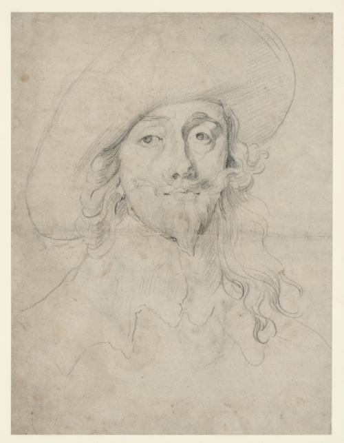 black chalk portrait sketch of man with large brimmed hat, long hair, mustached and pointed beard