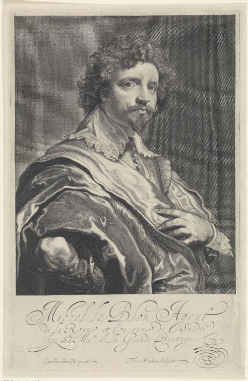 engraving of man with short curly hair and bear,  draped clothing, lace collar, with cursive caption