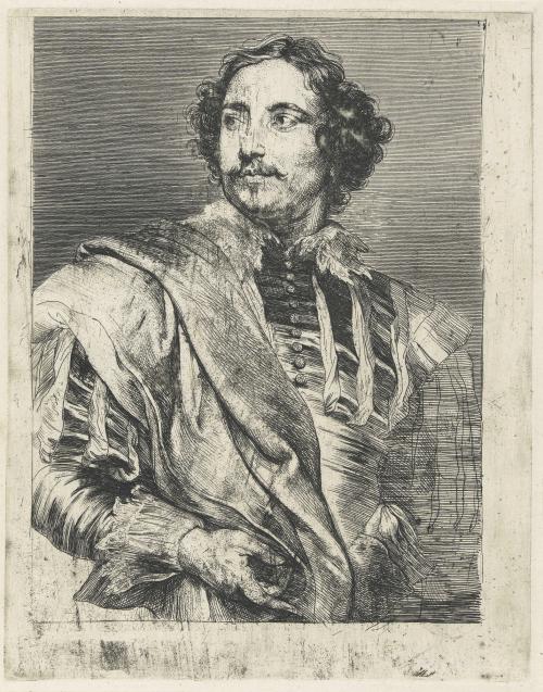 etching of man with mustache wearing buttoned shirt with collar, and cloak
