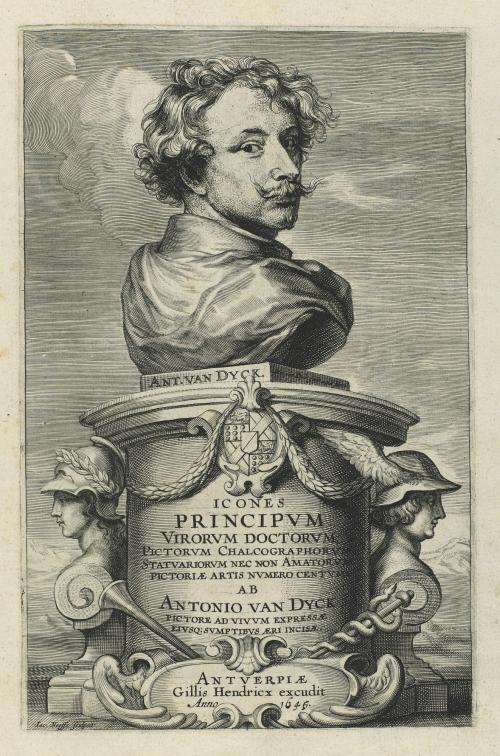 engraving of Anthony van Dyck with short curly hair and mustache, looking over shoulder, depicted as bust on pedestal with inscription