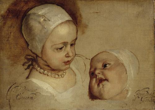oil painting of young girl with pearls, next to face of baby girl, both in white bonnets