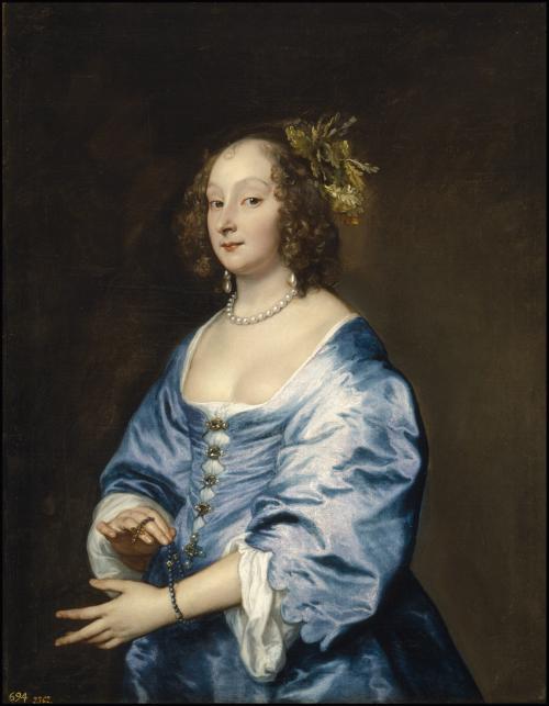 oil painting of woman in blue and white dress, displaying jeweled cross at her wrist, and wearing leaves as hairpiece