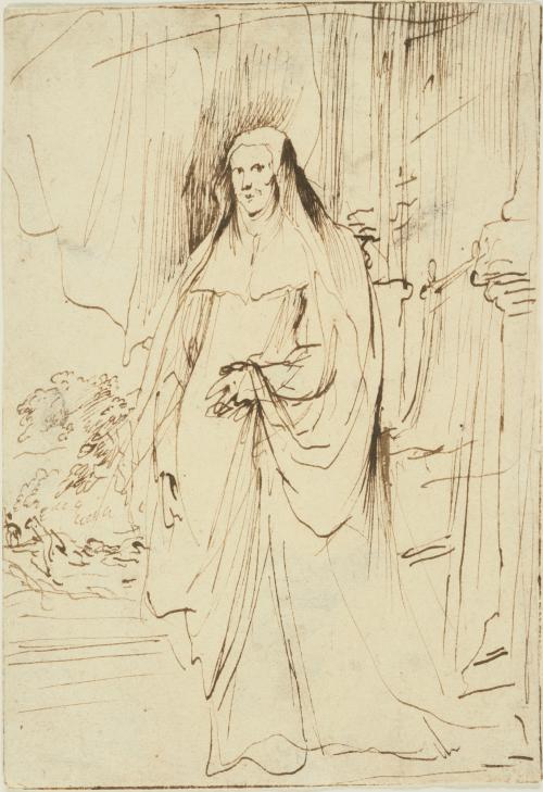 pen and brown ink sketch of standing woman in nun's habit