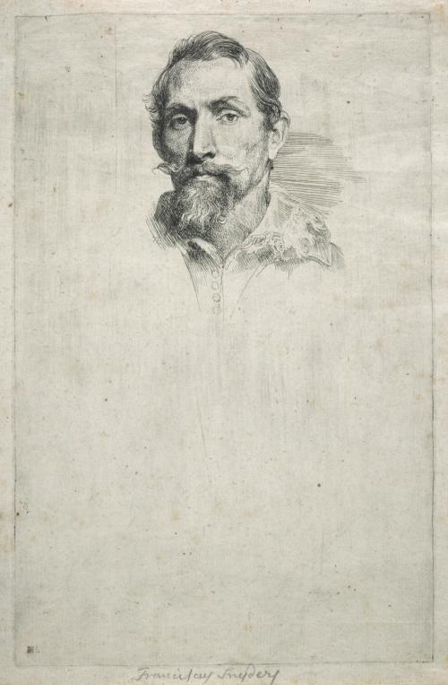 etching in first state of man with beard and mustache and lace collar at top of sheet