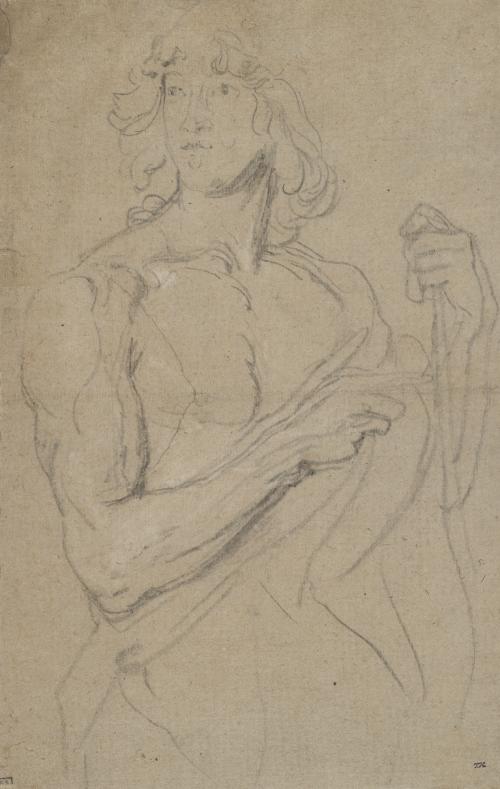 black chalk sketch of half nude male with cloak about him and shoulder length hair