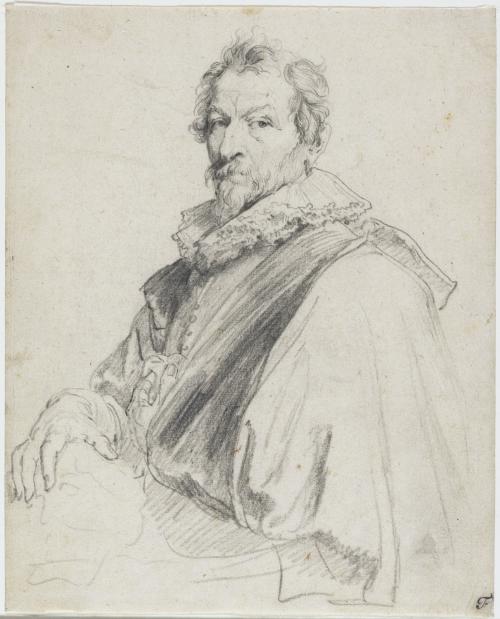 black chalk drawing of portrait of man in lace collar, cloak, mustache and beard