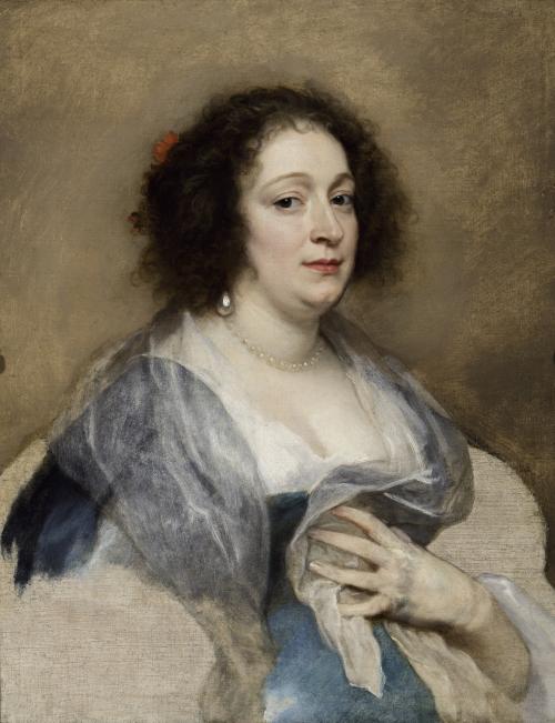 painting of portrait of woman in blue and white dress with sheer wrap and pearl earring and necklace