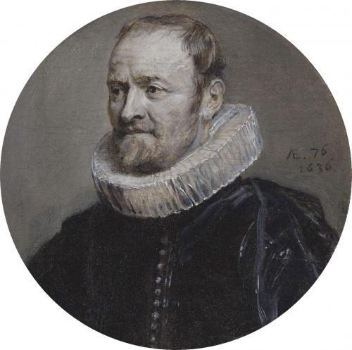 circular oil painting portrait of  man with beard wearing white stiff collar