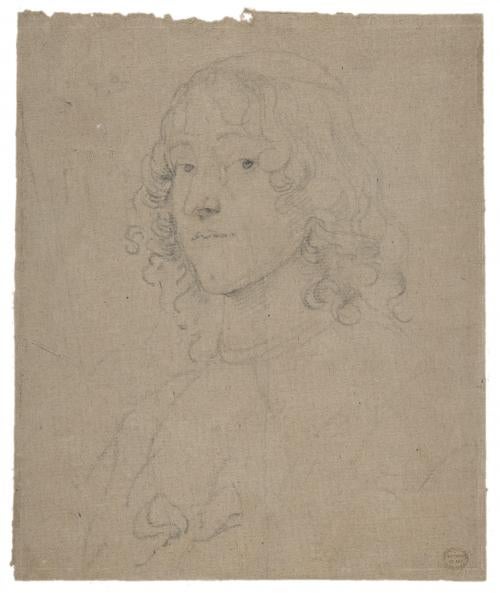 black chalk, faint sketch of woman facing left with curls