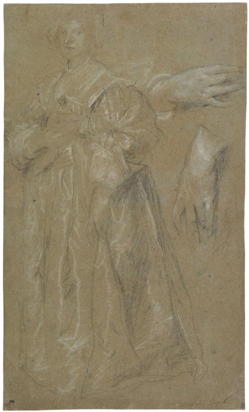black and white chalk sketch of woman in dress, with sketch of hands, circa 1628