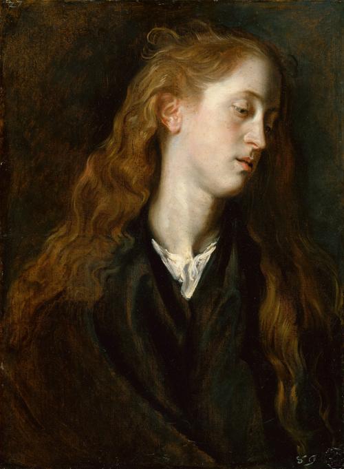 oil painting of young woman with red hair, looking downward