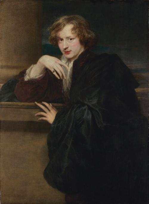 oil painting of self portrait of, Anthony van Dyck, young man leaning with ring on pinkie finger