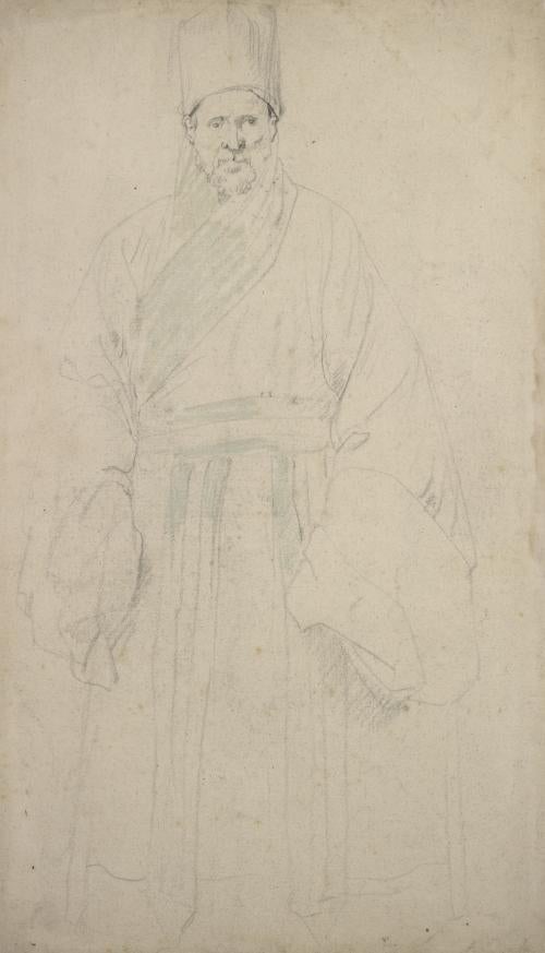 black and blue-green chalk sketch of man standing in Chinese costume and hat