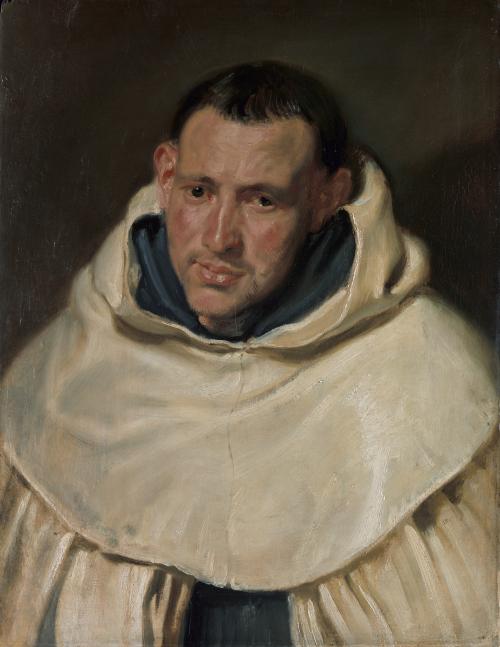 oil painting portrait of man in white robe with cropped hair, circa 1618