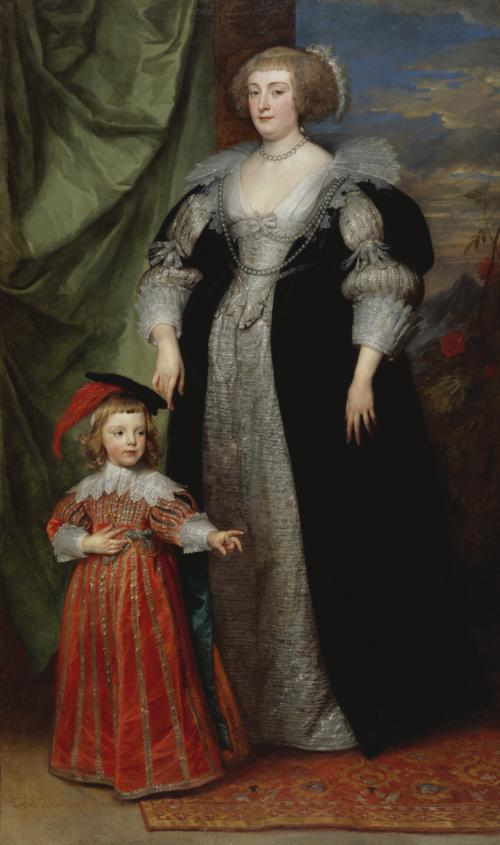 painting of woman standing in lavish black and gray dress with child wearing red dress at side