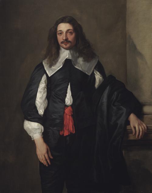 oil painting man standing with long brown hair and mustache, wearing black with white blouse, red belt and large white neck collar