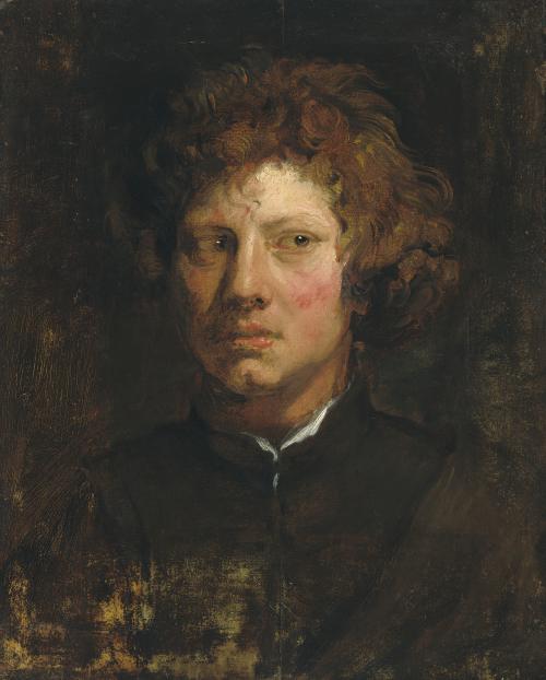 painting of male youth looking to the side, with red curly hair, wearing black